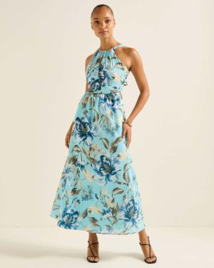 Forever New Women's Dakota Printed Halter Midi Dress in Lyell Floral, Size 16 Linen/Cotton/Viscose