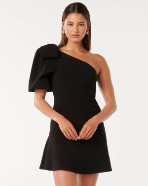 Forever New Women's Elaine Bow Mini Dress in Black, Size 4 Main/Polyester