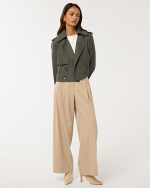 Forever New Women's Ellie Petite Crop Trench Coat in Green Fern, Size 12 Cotton/Viscose/Polyester