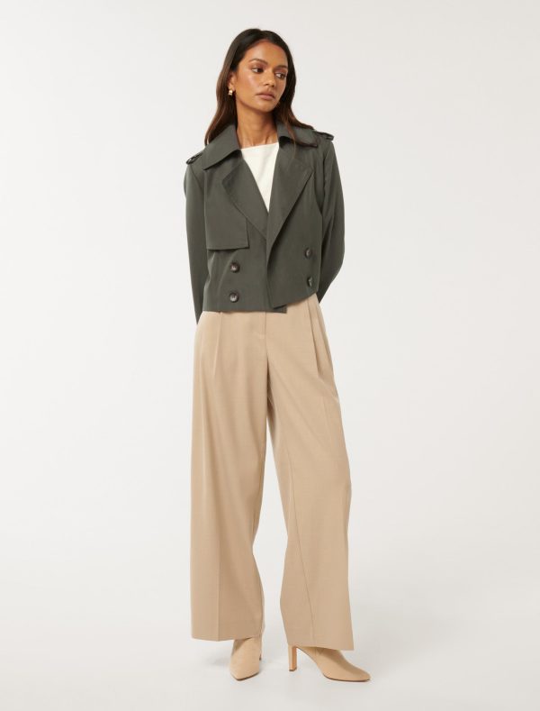 Forever New Women's Ellie Petite Crop Trench Coat in Green Fern, Size 12 Cotton/Viscose/Polyester
