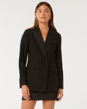 Forever New Women's Elliott Tuxedo Double-Breasted Blazer Jacket in Black Suit, Size 12 Polyester/Elastane