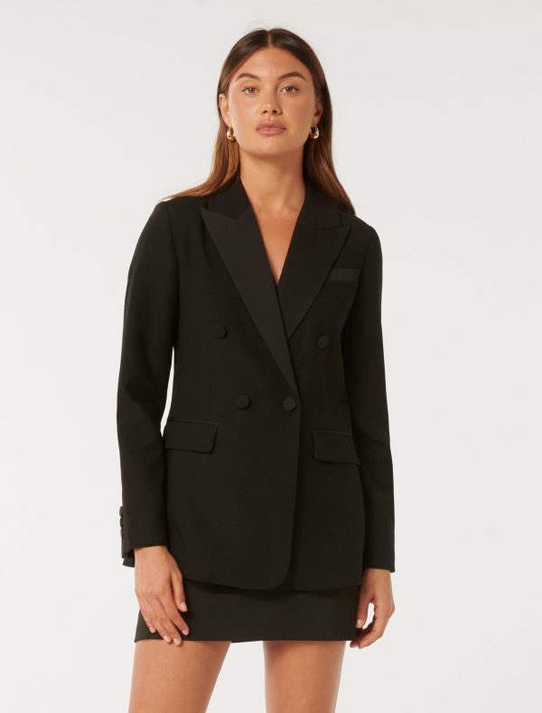 Forever New Women's Elliott Tuxedo Double-Breasted Blazer Jacket in Black Suit, Size 12 Polyester/Elastane