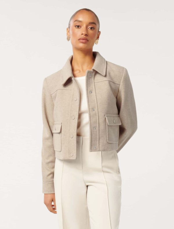 Forever New Women's Eloise Petite Shacket in Soft Oatmeal Marle, Size 10 Polyester/Viscose/Polyester