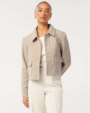 Forever New Women's Eloise Petite Shacket in Soft Oatmeal Marle, Size 14 Polyester/Viscose/Polyester