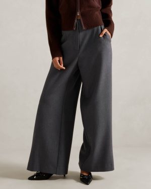 Forever New Women's Freya Petite High-Waisted Wide-Leg Trousers in Grey Marle, Size 14 Polyester/Viscose/Elastane