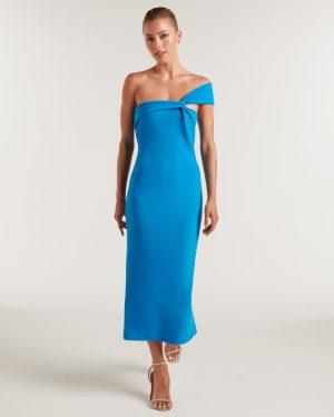 Forever New Women's Haylee Asymmetrical-Neck Bodycon Midi Dress in Brilliant Blue, Size 16 Main/Polyester