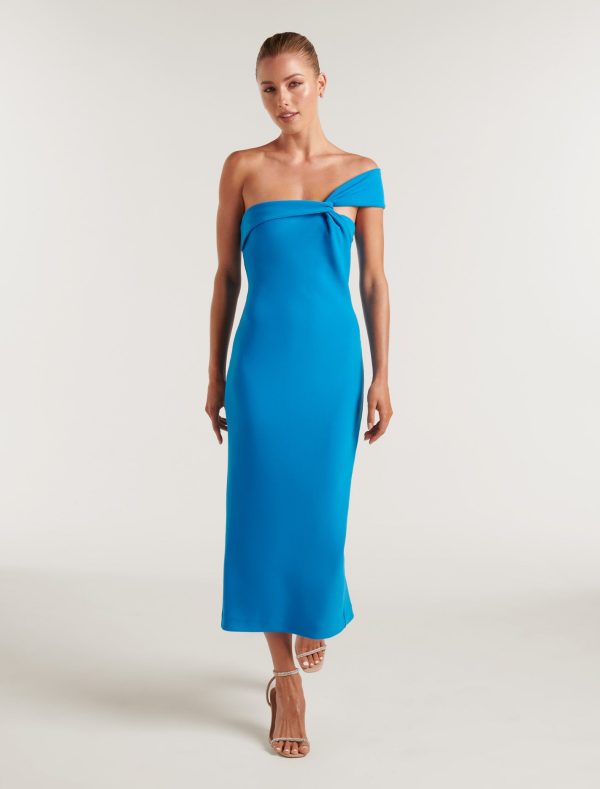 Forever New Women's Haylee Asymmetrical-Neck Bodycon Midi Dress in Brilliant Blue, Size 16 Main/Polyester