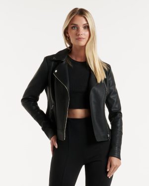 Forever New Women's Heidi Faux Leather Biker Jacket in Black, Size 6 Viscose/Polyester with polyurethane coating Bodice/Cotton