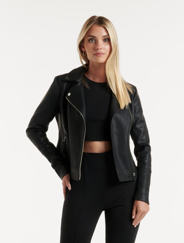Forever New Women's Heidi Faux Leather Biker Jacket in Black, Size 6 Viscose/Polyester with polyurethane coating Bodice/Cotton