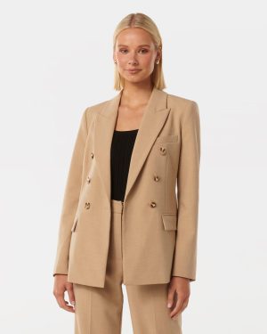 Forever New Women's Immie Double-Breasted Blazer Jacket in Soft Camel Suit, Size 6 Polyester/Viscose/Elastane