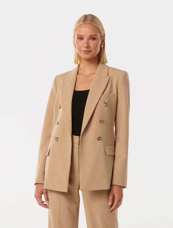 Forever New Women's Immie Double-Breasted Blazer Jacket in Soft Camel Suit, Size 6 Polyester/Viscose/Elastane