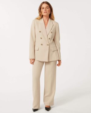 Forever New Women's Immie Petite Double-Breasted Blazer Jacket in Light Stone Suit, Size 8 Polyester/Viscose/Elastane