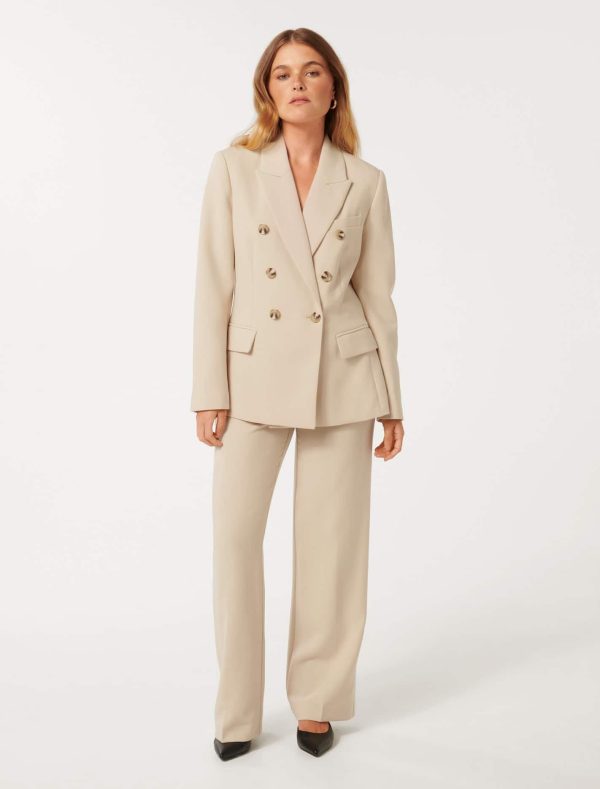 Forever New Women's Immie Petite Double-Breasted Blazer Jacket in Light Stone Suit, Size 8 Polyester/Viscose/Elastane