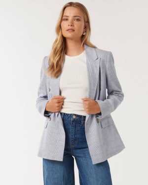 Forever New Women's Ivy Double-Breasted Blazer Jacket in Blue Check, Size 10 Linen/Viscose/Cotton