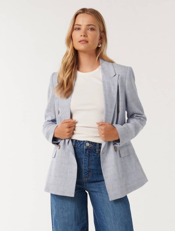 Forever New Women's Ivy Double-Breasted Blazer Jacket in Blue Check, Size 10 Linen/Viscose/Cotton