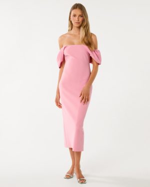 Forever New Women's Jacinta Off-Shoulder Bodycon Midi Dress in Prism Pink, Size 6 Polyester/Elastane/Polyester