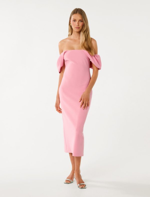 Forever New Women's Jacinta Off-Shoulder Bodycon Midi Dress in Prism Pink, Size 6 Polyester/Elastane/Polyester