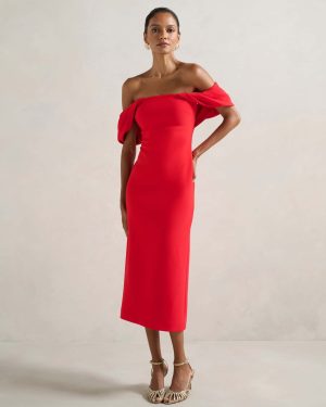 Forever New Women's Jacinta Petite Off Shoulder Midi Dress in Chilli Red, Size 4 Polyester/Elastane/Polyester