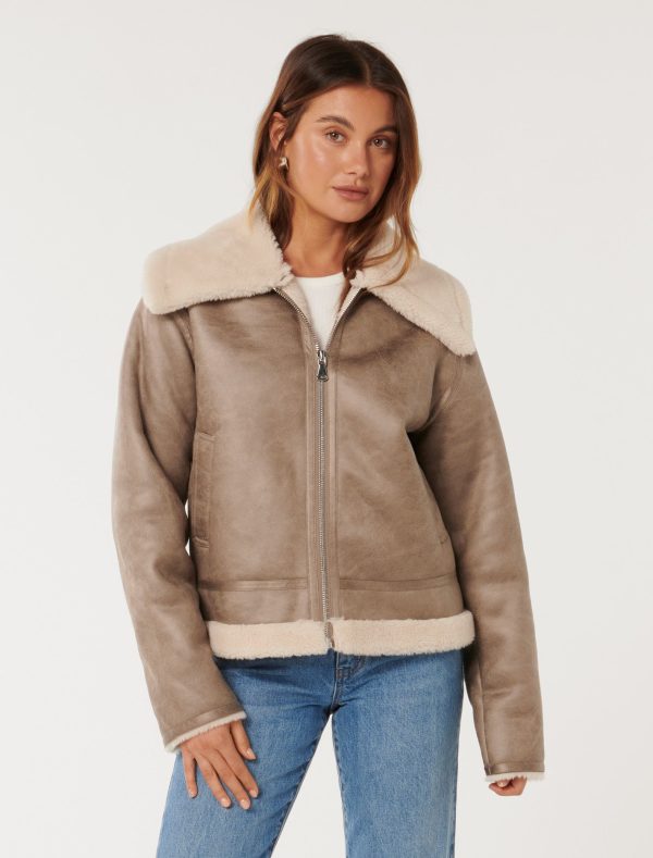 Forever New Women's Jamie Shearling Aviator Jacket in Brown/Cream, Size 10 100% Polyester with Polyurethane Coating