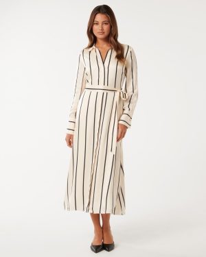 Forever New Women's Janine Satin Midi Shirt Dress in Arbory Stripe, Size 8 Viscose/Polyester/Elastane