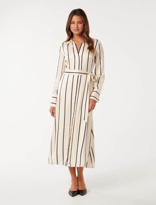 Forever New Women's Janine Satin Midi Shirt Dress in Arbory Stripe, Size 8 Viscose/Polyester/Elastane