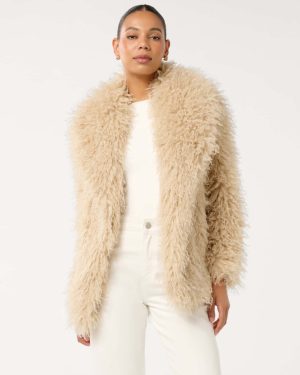 Forever New Women's Jennifer Faux Fur Coat in Light Camel, Size 10 Polyester/Elastane