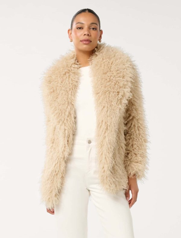 Forever New Women's Jennifer Faux Fur Coat in Light Camel, Size 10 Polyester/Elastane