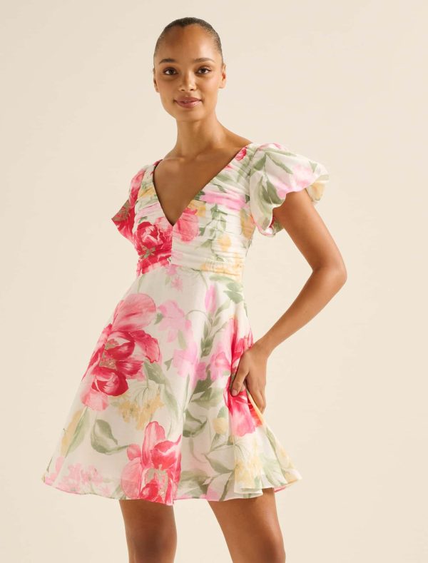 Forever New Women's June Ruched V-Neck Mini Dress in Red Lyell Floral, Size 6 Lyocell/Polyamide/Linen