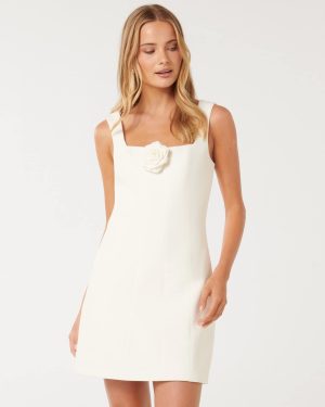 Forever New Women's Kate Structured Rosette Mini Dress in Porcelain, Size 16 Polyester/Elastane/Polyester