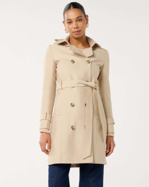 Forever New Women's Kirsty Hooded Trench Coat in Neutral, Size 14 Polyester/Cotton/Polyamide