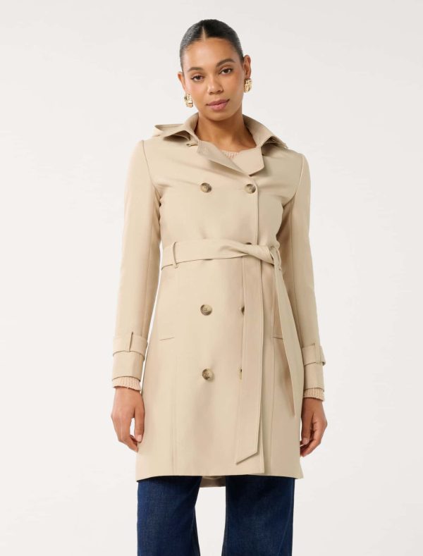 Forever New Women's Kirsty Hooded Trench Coat in Neutral, Size 14 Polyester/Cotton/Polyamide