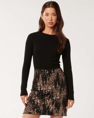 Forever New Women's Kylie Sequin Knit Dress in Black Sequin, Size 16 Viscose/Polyamide/Polyester