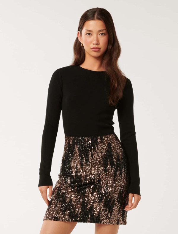 Forever New Women's Kylie Sequin Knit Dress in Black Sequin, Size 16 Viscose/Polyamide/Polyester