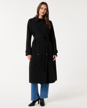 Forever New Women's Leanne Crepe Trench Coat in Black, Size 6 Polyester/Viscose/Elastane
