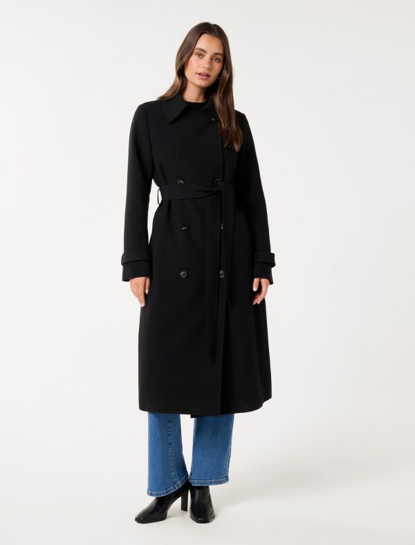 Forever New Women's Leanne Crepe Trench Coat in Black, Size 6 Polyester/Viscose/Elastane