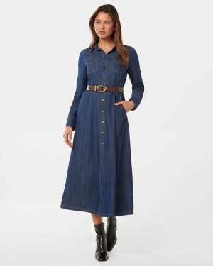 Forever New Women's Lexi Midi Shirt Dress in Dark Wash, Size 6 100% Cotton
