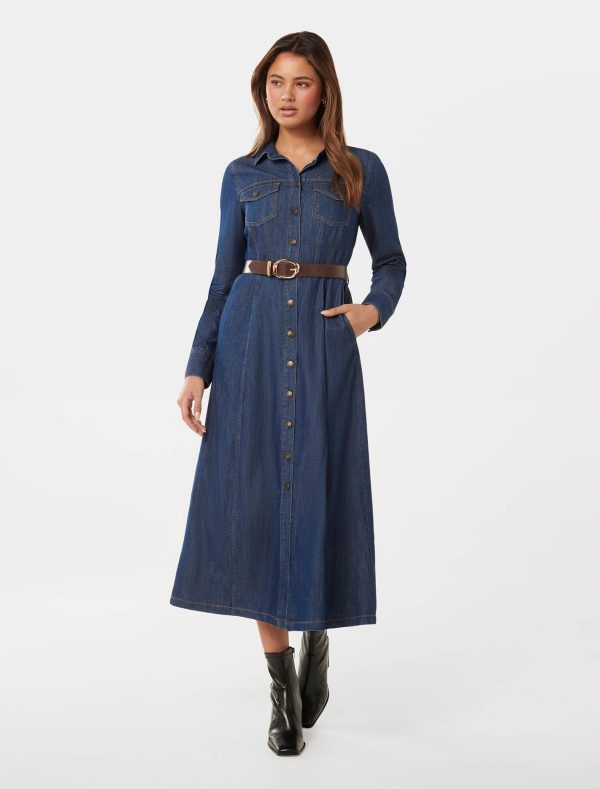 Forever New Women's Lexi Midi Shirt Dress in Dark Wash, Size 6 100% Cotton