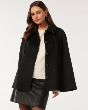 Forever New Women's Liza Cape Coat in Black, Size 16 Polyester/Wool/Polyamide