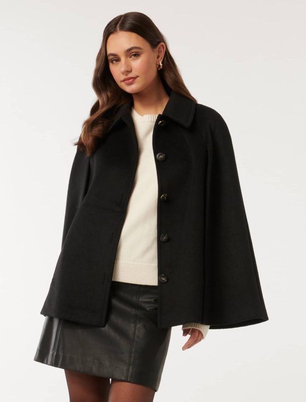 Forever New Women's Liza Cape Coat in Black, Size 16 Polyester/Wool/Polyamide
