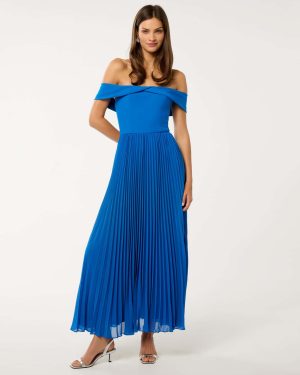 Forever New Women's Louise Off-Shoulder Pleat Midi Dress in Cobalt/Blue, Size 4 Polyester/Elastane Bodice/Polyester
