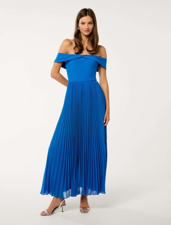 Forever New Women's Louise Off-Shoulder Pleat Midi Dress in Cobalt/Blue, Size 4 Polyester/Elastane Bodice/Polyester