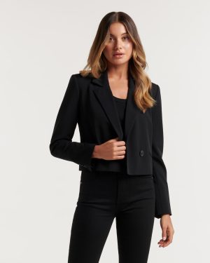 Forever New Women's Lucie Cropped Blazer Jacket in Black, Size 14 Polyester/Rayon/Spandex