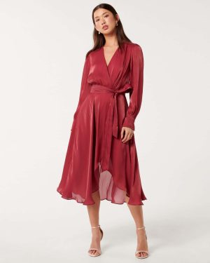 Forever New Women's Mabel Metallic Wrap Midi Dress in Rumba Red, Size 8 Main/Polyester