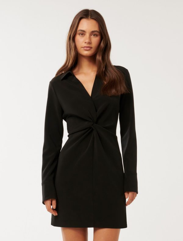 Forever New Women's Madison Mini Shirt Dress in Black, Size 14 Polyester/Elastane