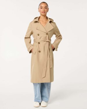 Forever New Women's Maggie Petite Hooded Trench Coat in Tan, Size 4 Cotton/Polyester/Polyamide