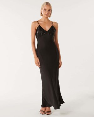 Forever New Women's Maisie Sequin Satin Slip Dress in Black, Size 10 Polyester/Viscose/Polyester