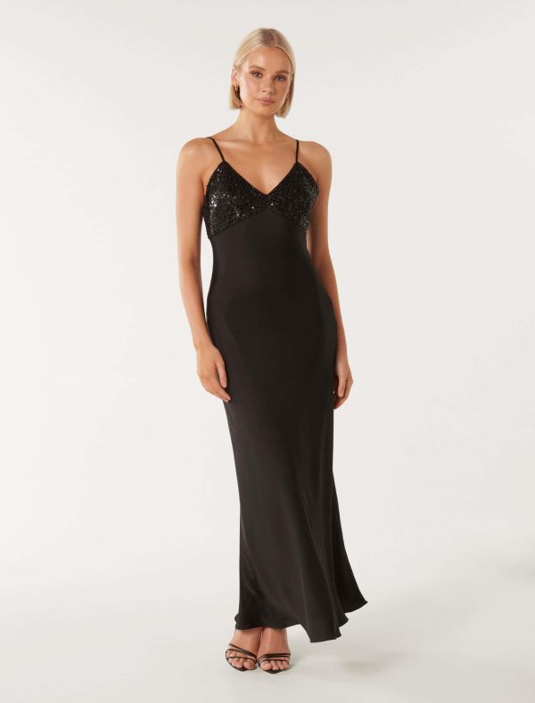 Forever New Women's Maisie Sequin Satin Slip Dress in Black, Size 10 Polyester/Viscose/Polyester