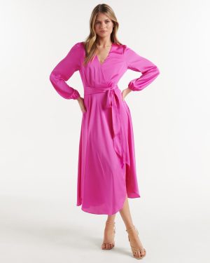 Forever New Women's Marilyn Satin Wrap Midi Dress in Valley Pink, Size 12 Main/Polyester