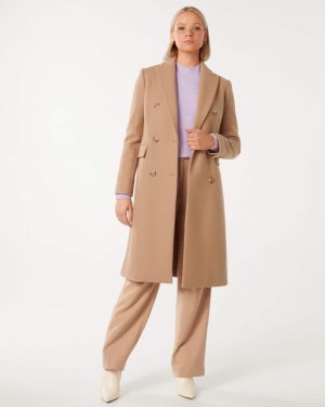 Forever New Women's Mila Longline Button Coat in Dark Camel, Size 6 Polyester/Acrylic/Wool