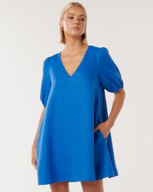 Forever New Women's Millie V-Neck Swing Dress in Blue Pigment, Size 8 Linen/Viscose